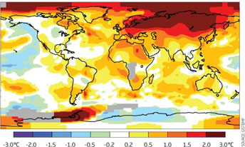 Un récent article paru dans le New Scientist fait le point sur le réchauffement aux hautes latitudes. La température moyenne y a augmenté de 2°C par rapport aux années 1951 – 1980, entraînant une fonte de la banquise