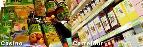 Exemples de gammes de produits issus de l’agriculture biologique : Casino et Carrefour