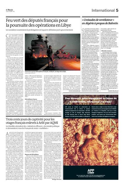 Publicité quart de page d'Asia Pulp & Paper, dans le quotidien national Le Monde, le 13 juillet 2011 dernier