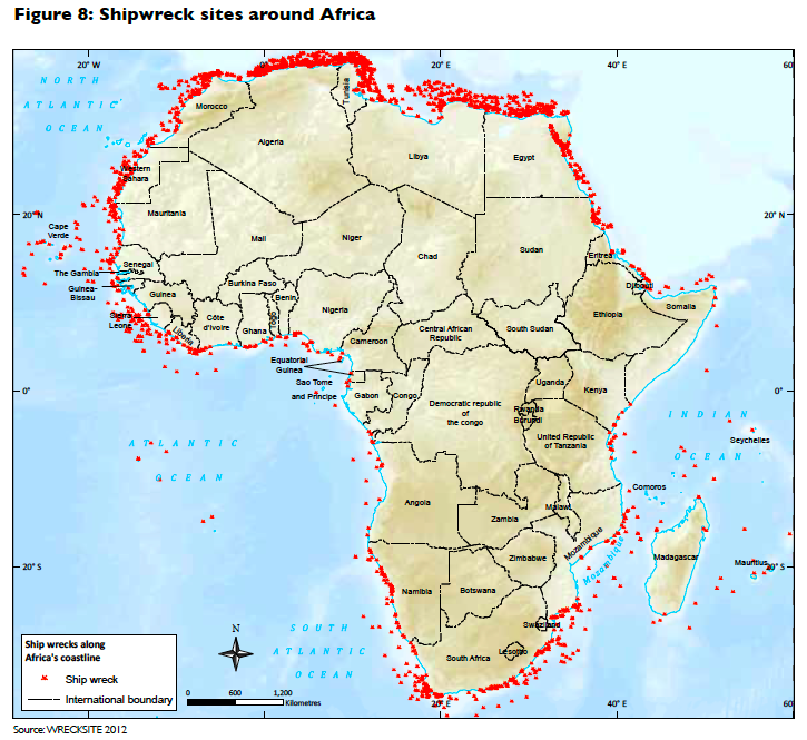 Carte des épaves de bateaux échoués sur les côtes africaines - l’Avenir de l’Environnement en Afrique (AEO-3)