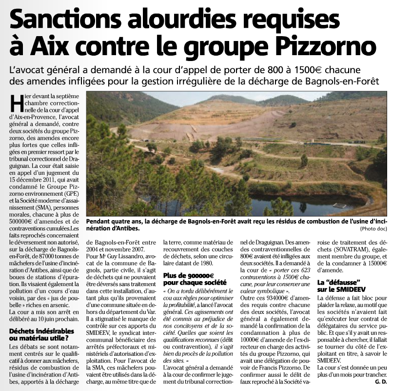 UDVN 83 - Les Déchets Du Var Sanctions alourdies pour Pizzorno - Extrait de Var matin du 30-05-2013