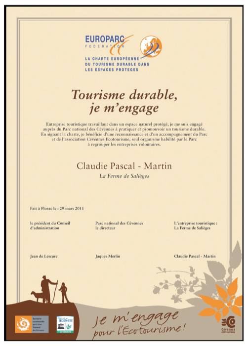 Exemple de certificat d'adhésion à la Charte européenne du tourisme durable dans les espaces protégés