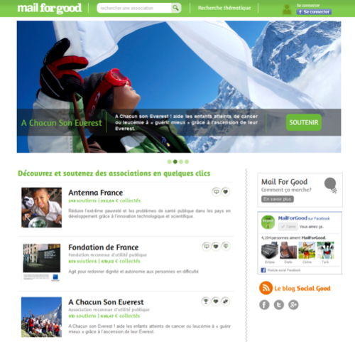 Page d'accueil Mailforgood : premier outil de collecte entièrement gratuit destiné aux associations