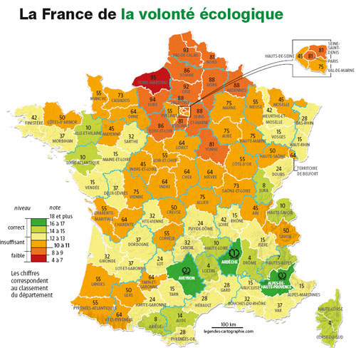 La carte de France du palmarès écologie 2009