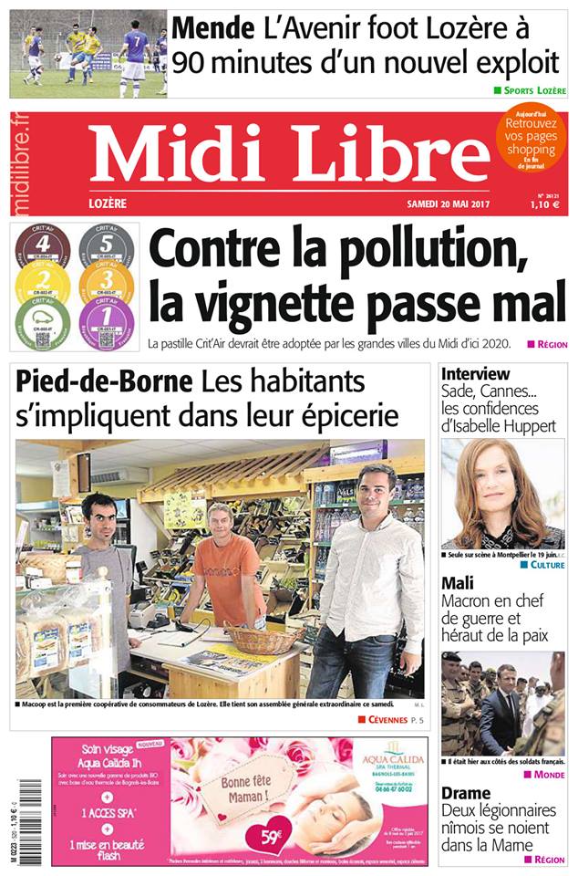 Couverture du Midi-Libre Edition Lozère du 20 Mai 2017, jour de l'AGE de l'Association Ma COOP - La Vie au Vert