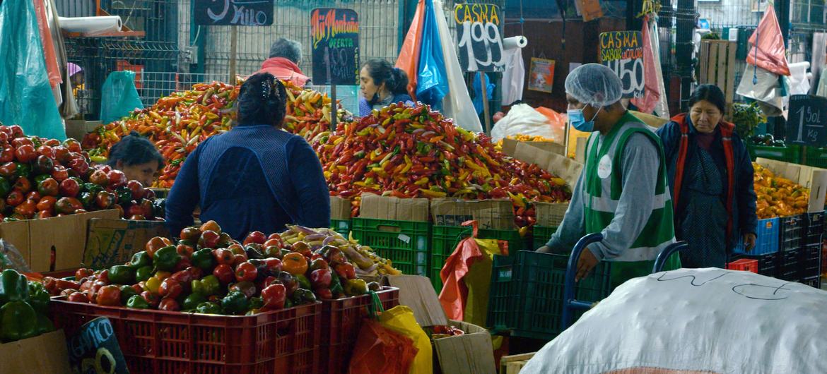 Un collecteur de dons de nourritures pour une banque alimentaire dans un marché de Lima, au Pérou