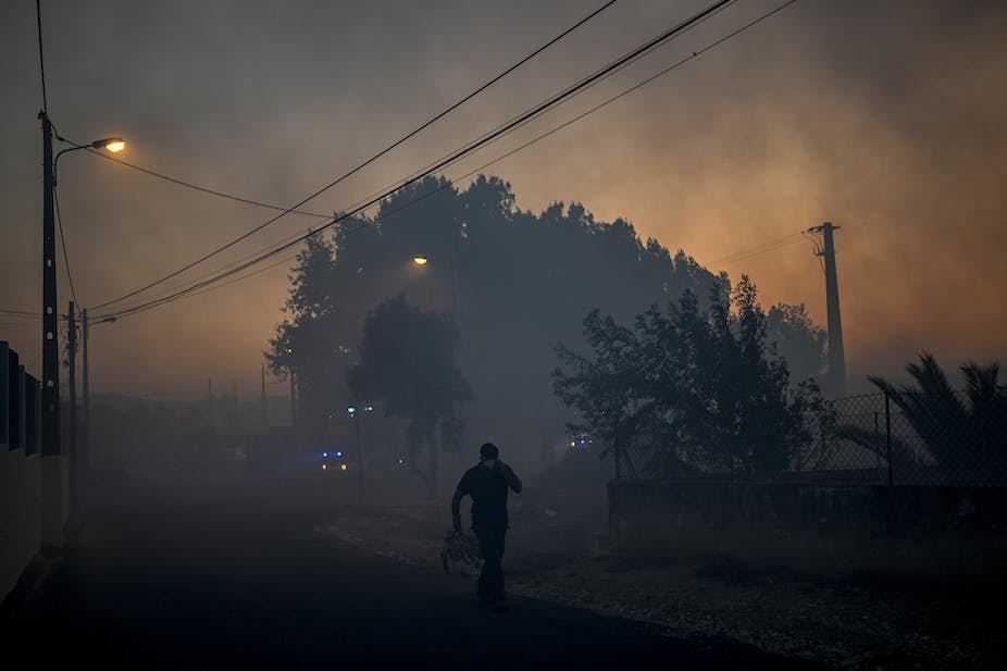 A villager carries a branch as a wildfire approaches Zambujeiro village in Cascais, west of Lisbon, in July.