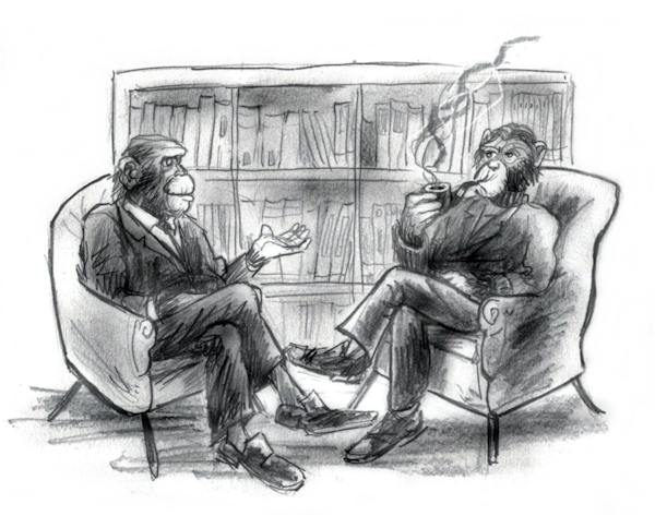 Deux gentlemen primates devisant dans des fauteuils en fumant la pipe.