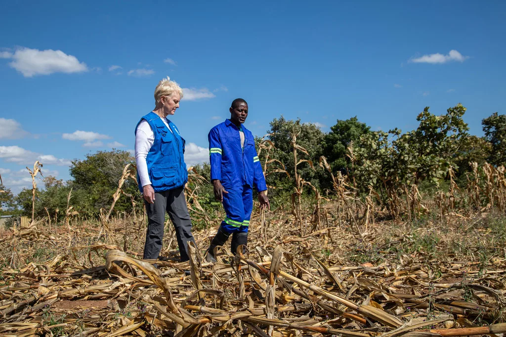 La cheffe du Programme alimentaire mondial (PAM), Cindy McCain, examine les ravages provoqués par une sécheresse aggravée par El Niño en Zambie.