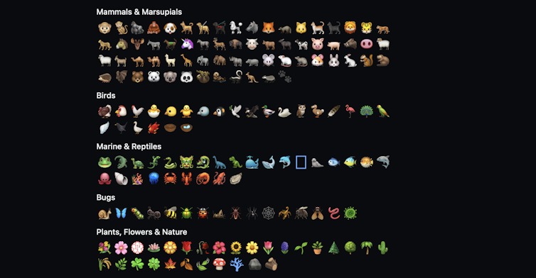 Les emojis représentant la faune, la flore et la fonge sur Emojipedia.